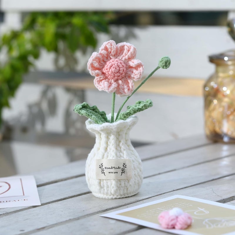 YOOJEE Christmas Crochet Flower Pot Thank You Crochet Gifts for Women Mom Teacher Friends Sister Coworker Handmade Knitted Daisy Pink Plant Birthday Wedding Home Holiday Cute Office Desk Decor - Image 2